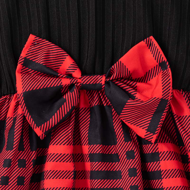 Girls Fall Winter Dresses Long Sleeve Rib Knit Plaid Patchwork Bow Tie Dress Size 1-8Y