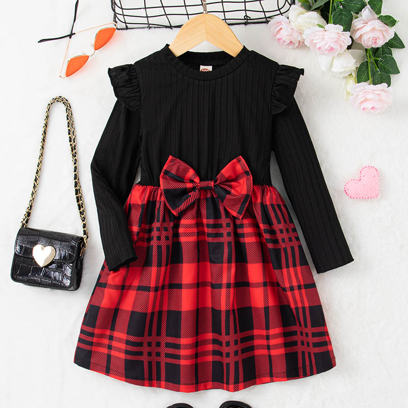 Girls Fall Winter Dresses Long Sleeve Rib Knit Plaid Patchwork Bow Tie Dress Size 1-8Y