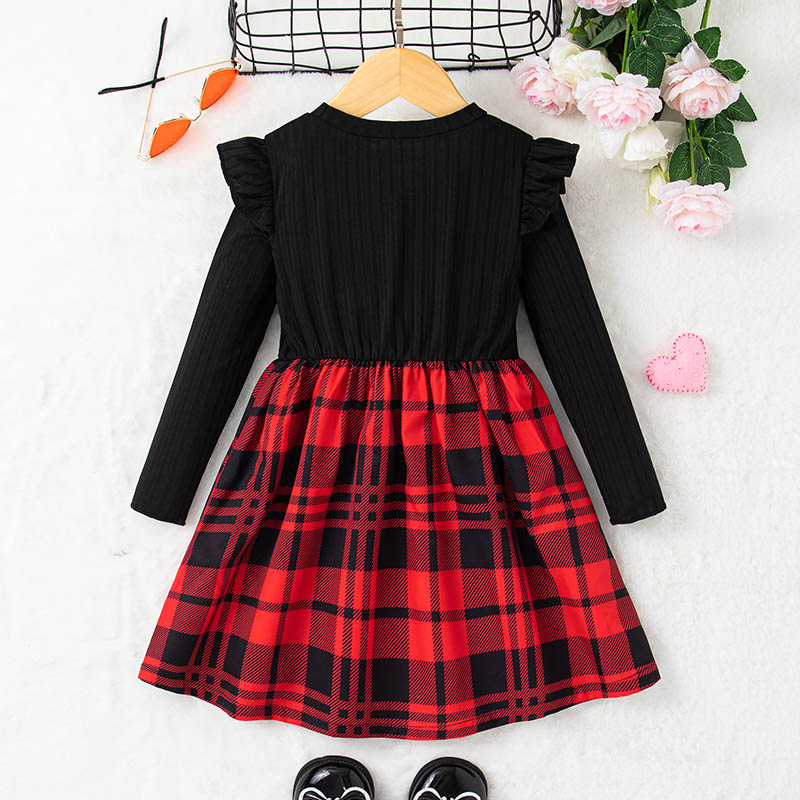 Girls Fall Winter Dresses Long Sleeve Rib Knit Plaid Patchwork Bow Tie Dress Size 1-8Y