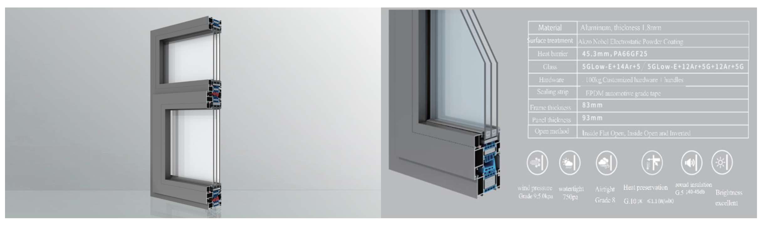Internal casement aluminum window
