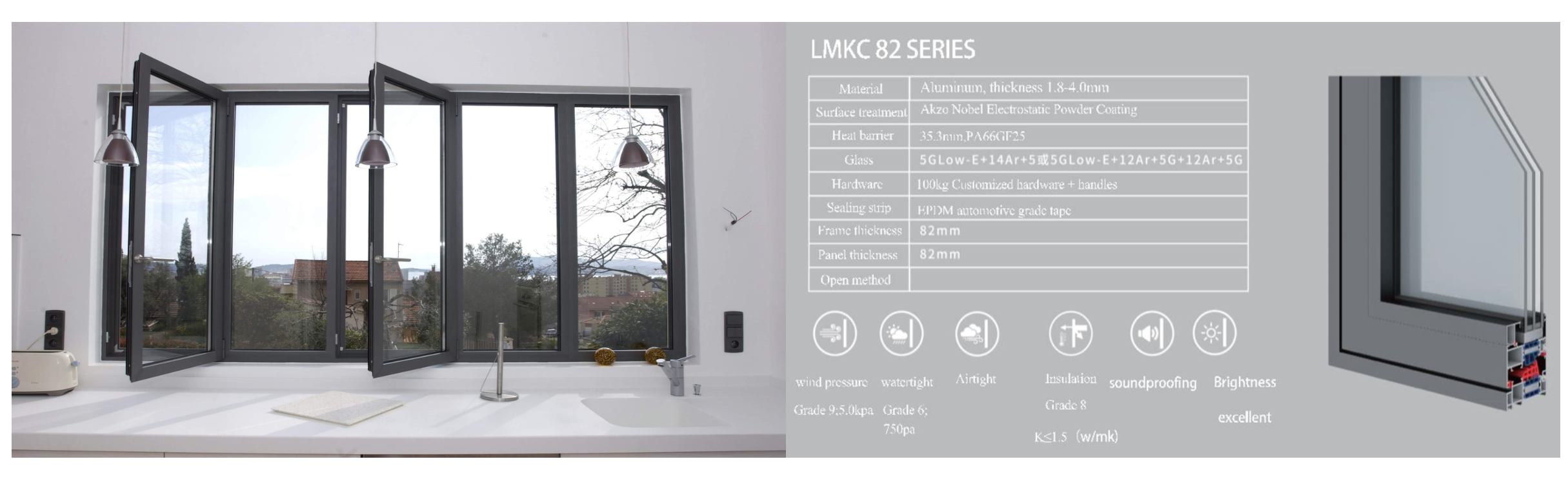 Inward Casement Opening Aluminum Window