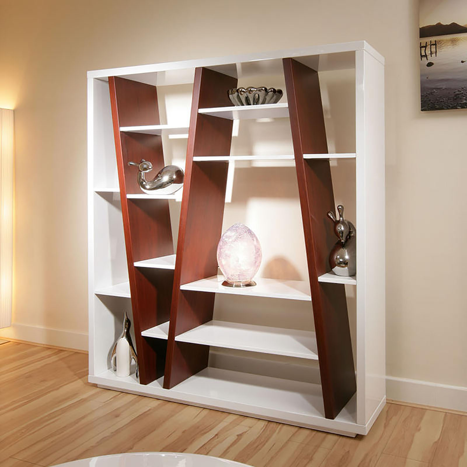 White And Walnut Wooden Storage Bookshelf For Living room