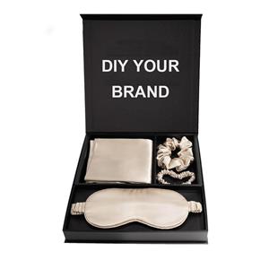 Custom Blissy Silver Infused Luxury Print Mulberry Silk sleep eyemask Scrunchie Pillow Case Gift Set
