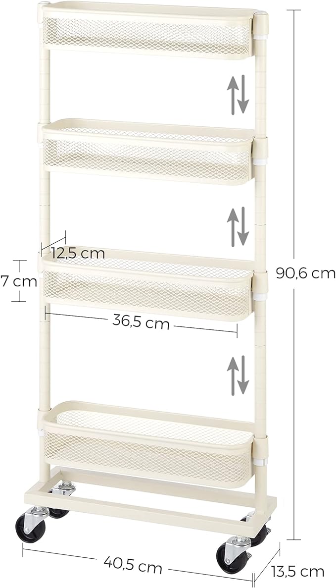 White Narrow Metal Storage Cart With Wheels