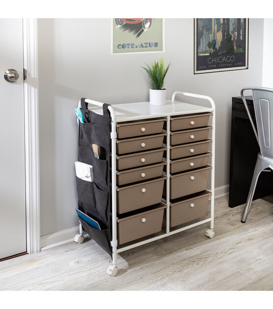 12 Drawer Metal Rolling Storage Cart With Side Pockets