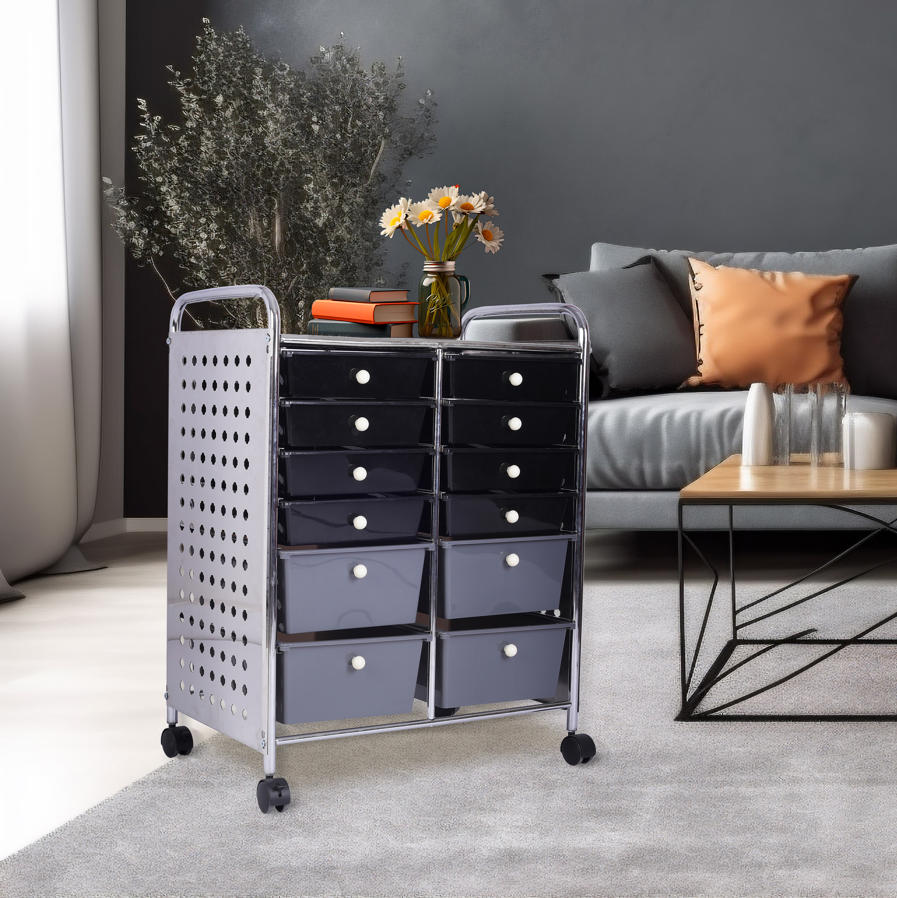 12 Drawer Rolling Storage Cart With Perforated Board