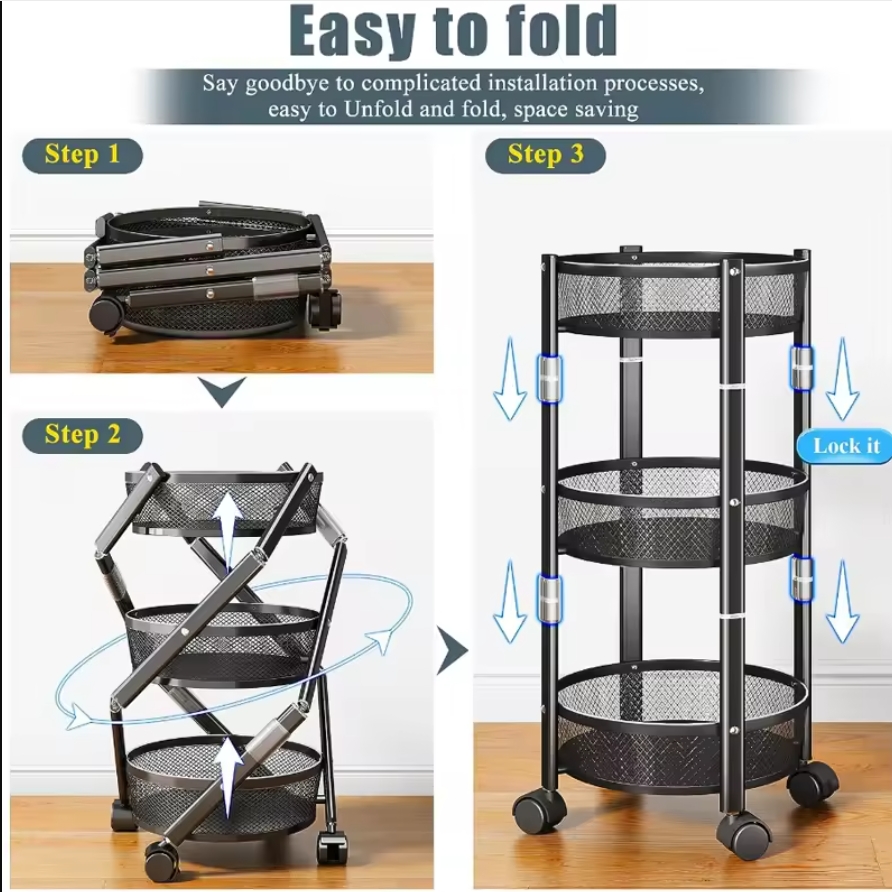 3 Tier Foldable Kitchen Storage Rolling Cart