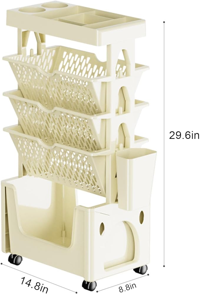 5 Tier Movable Desk Storage Rolling Bookshelf