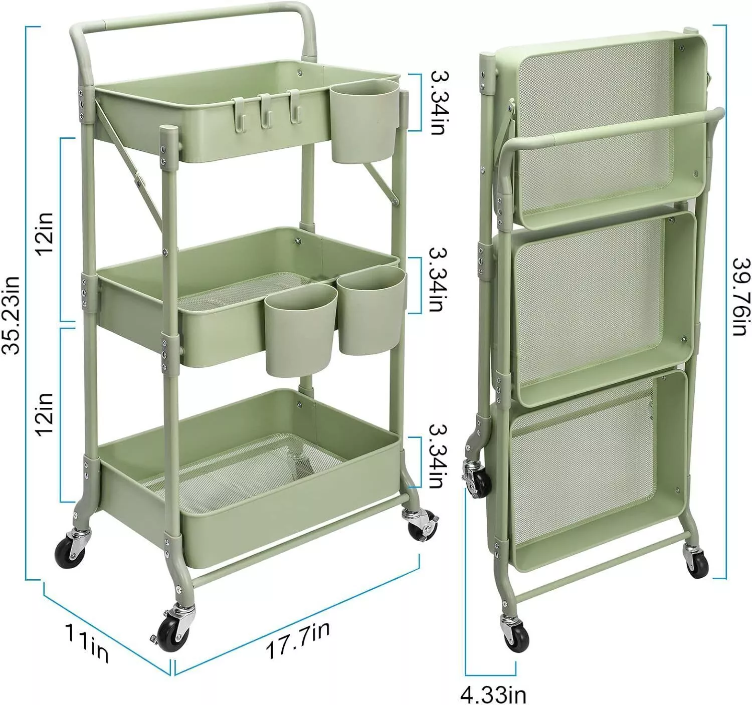Foldable 3 Tier Metal Utility Rolling Cart