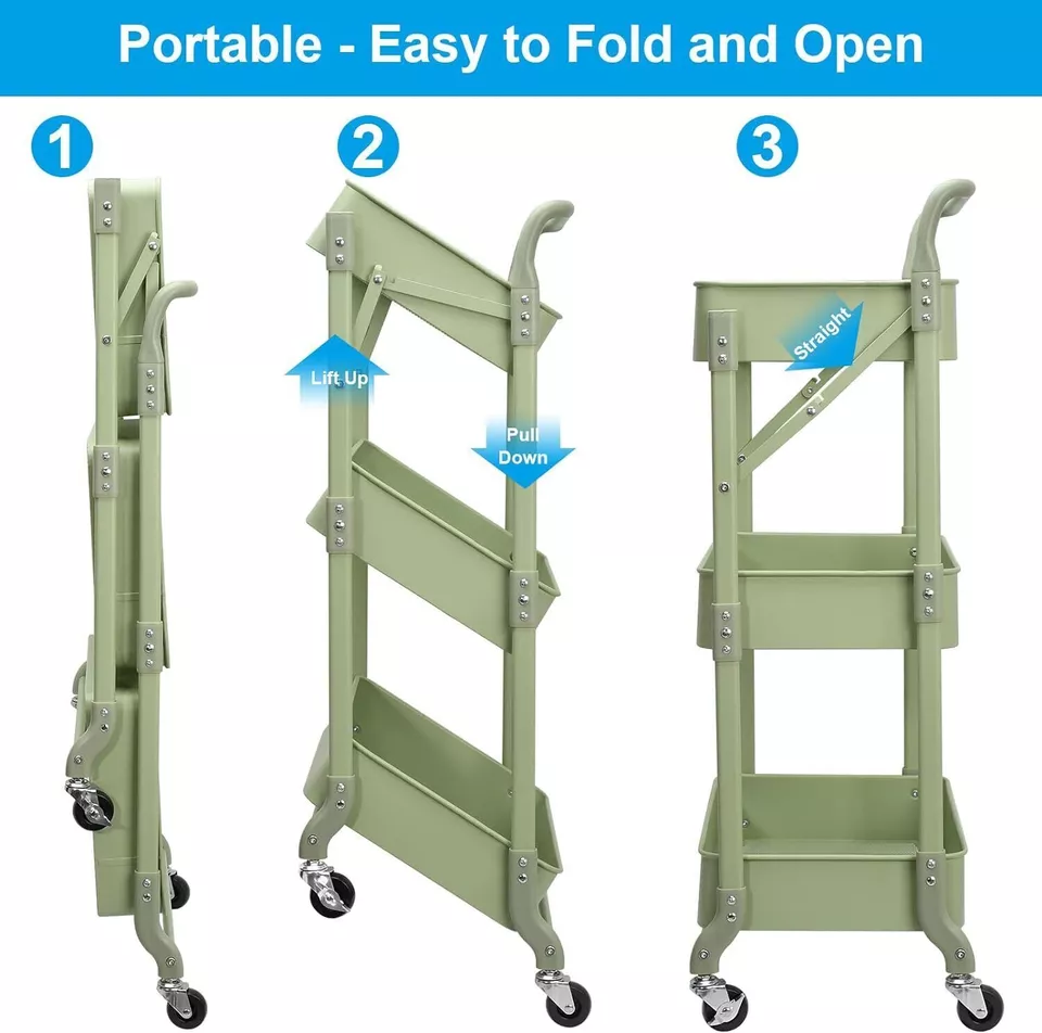 Foldable 3 Tier Metal Utility Rolling Cart