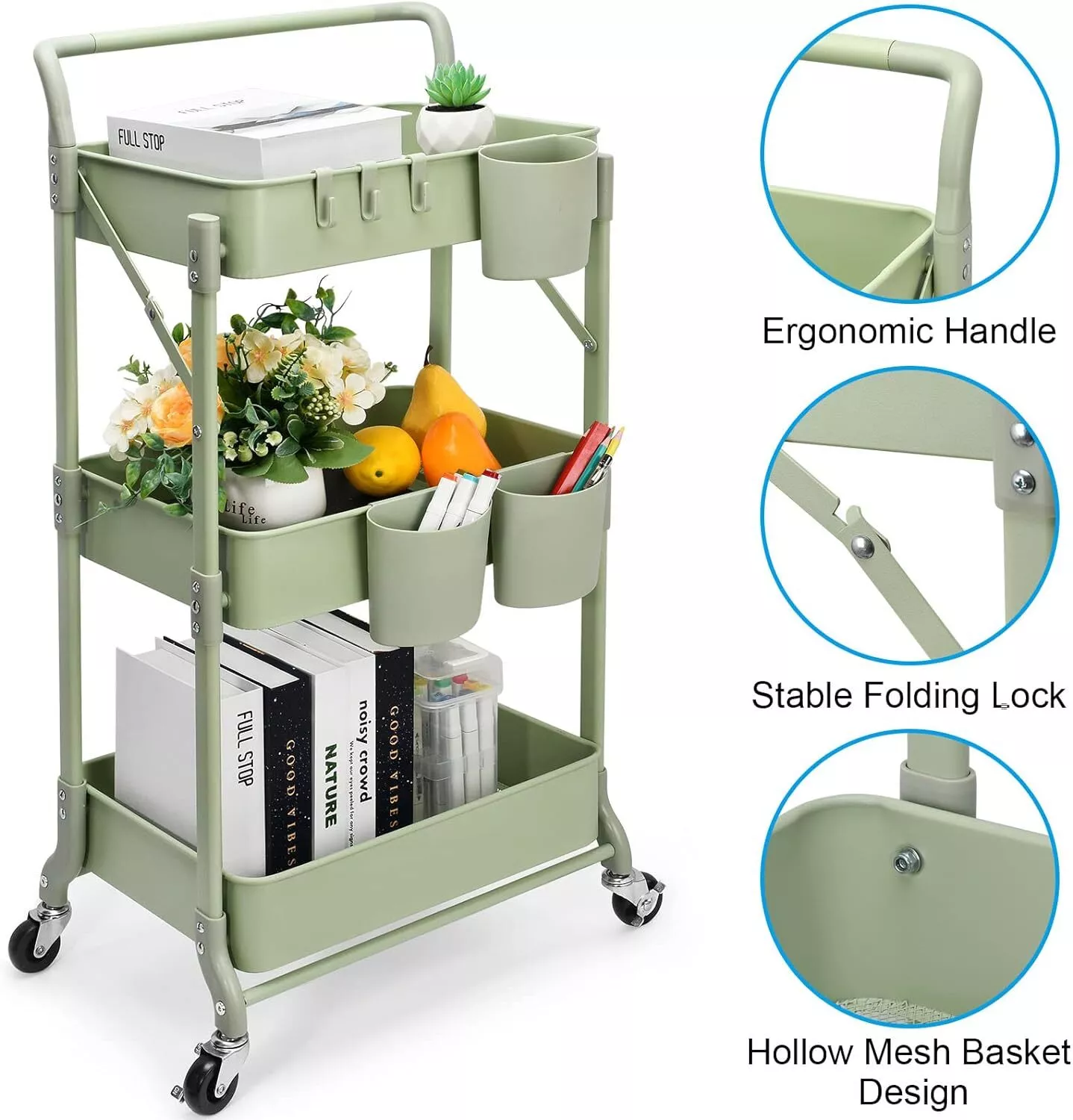 Foldable 3 Tier Metal Utility Rolling Cart