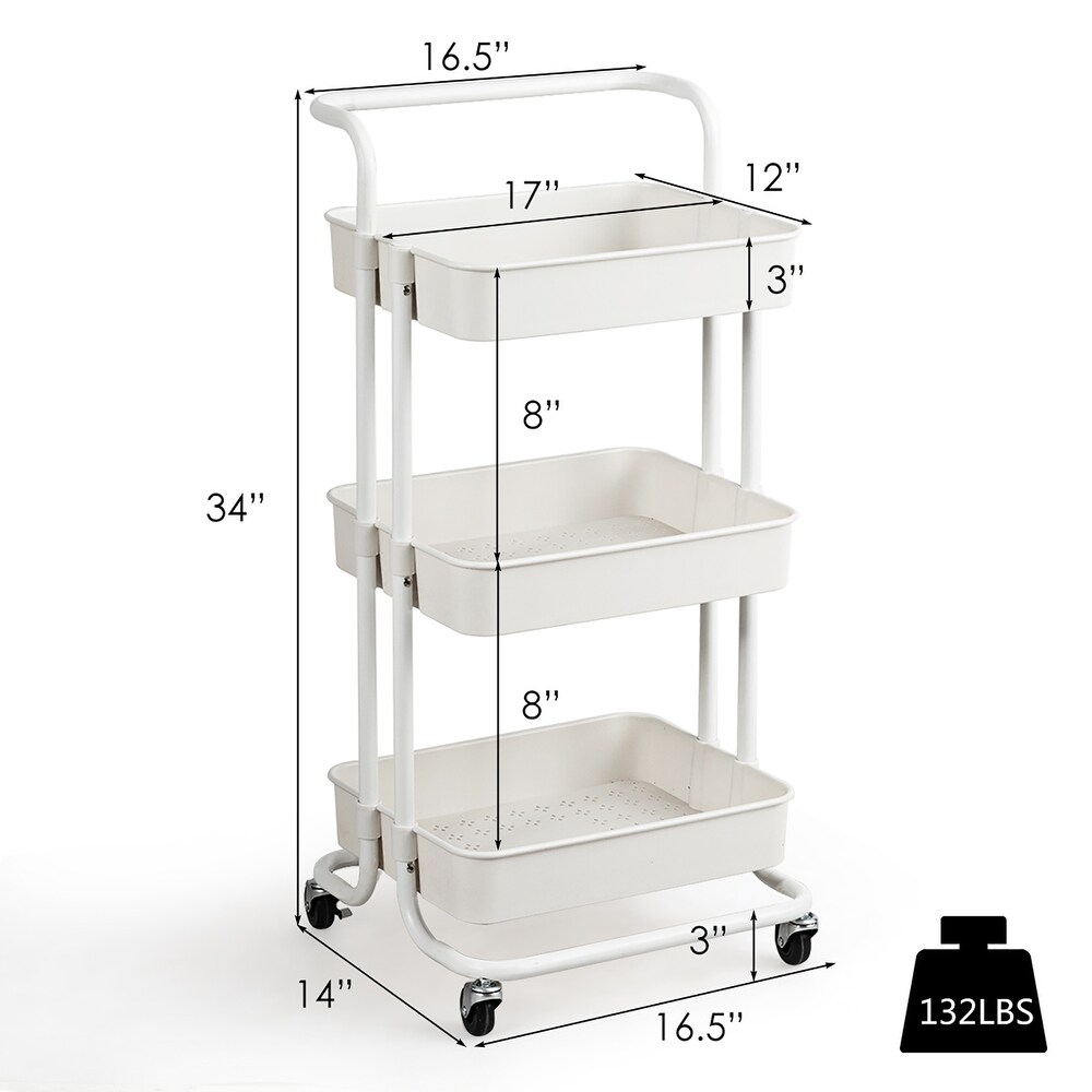 White 3 Tier Utility Storage Rolling Cart For Laundry