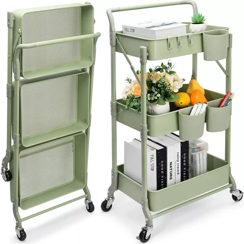 Foldable 3 Tier Metal Utility Rolling Cart