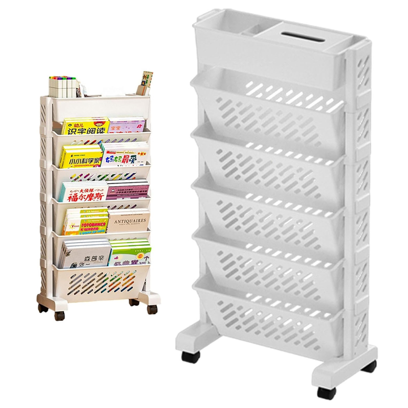 thumbnail image 2 of 352LBS Rolling Book Cart With Wheels - V-Shaped Shelves Library Cart With Hooks & Book Stands 2 of 12