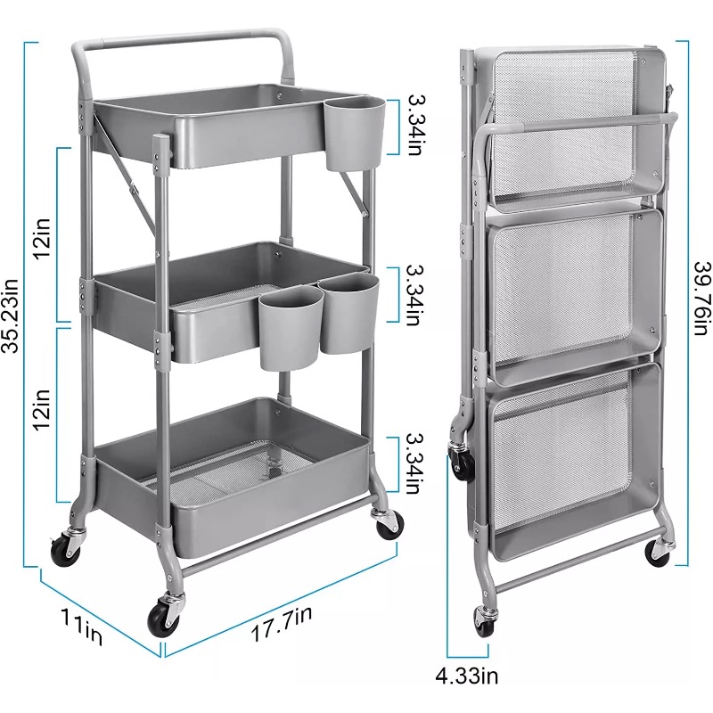 Heavy Duty 3 Tier Metal Collapsible Rolling Cart