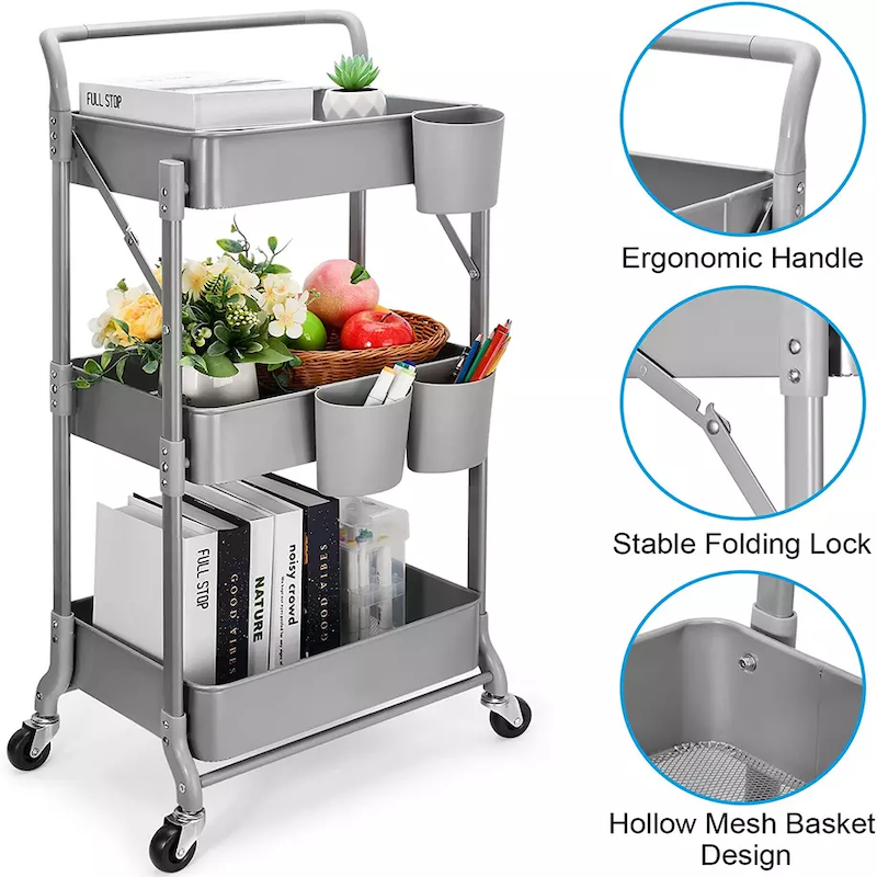 Heavy Duty 3 Tier Metal Collapsible Rolling Cart