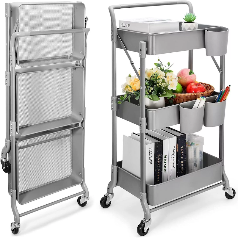 Heavy Duty 3 Tier Metal Collapsible Rolling Cart
