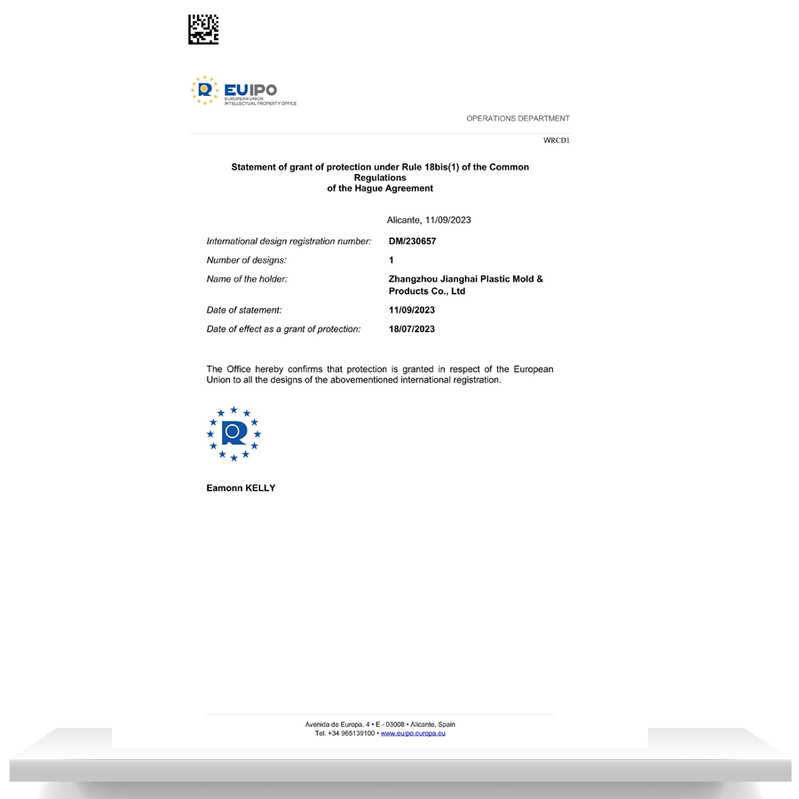 Design protection certificate issued by EUIPO