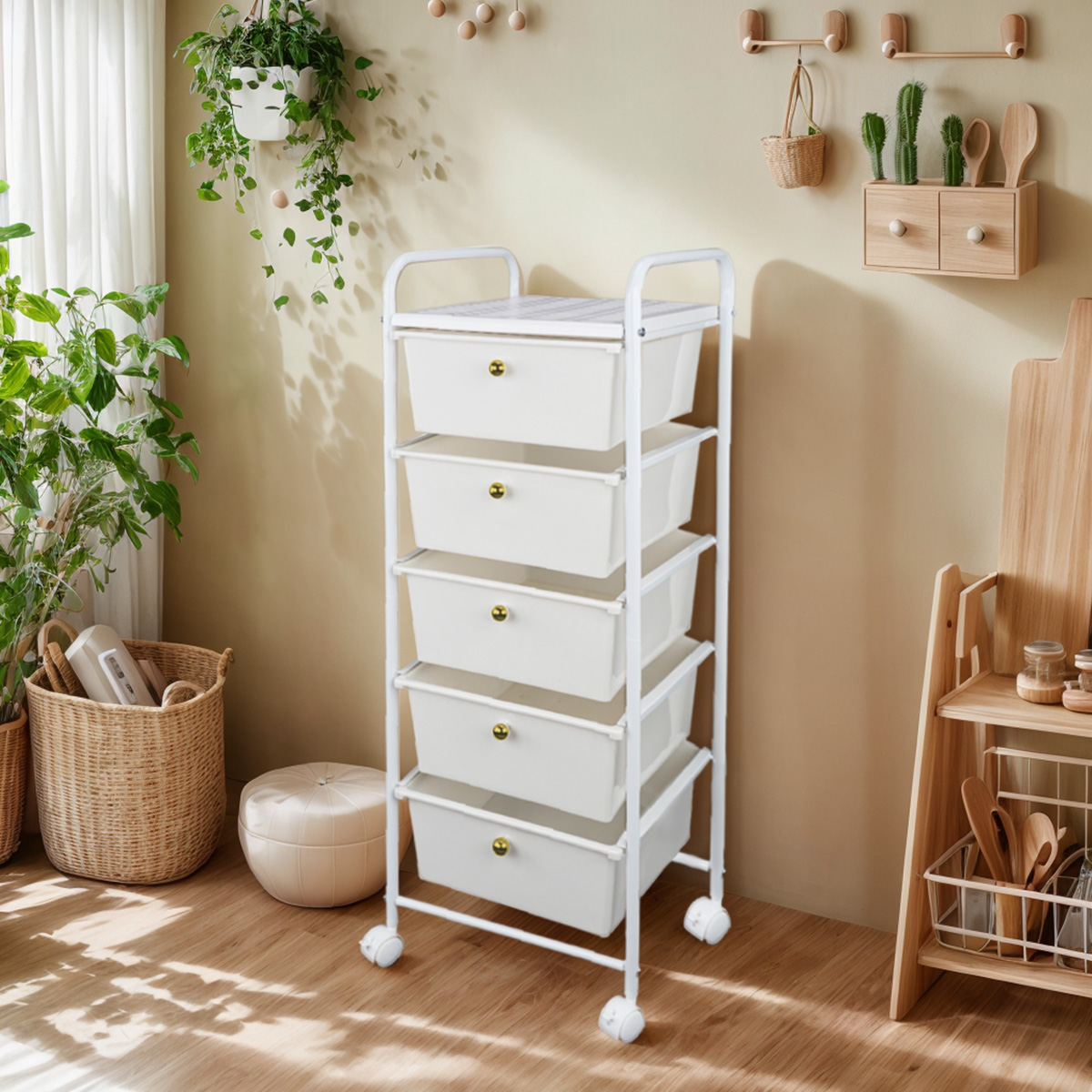 Fashion Bathroom rack with 5 drawers and white frame