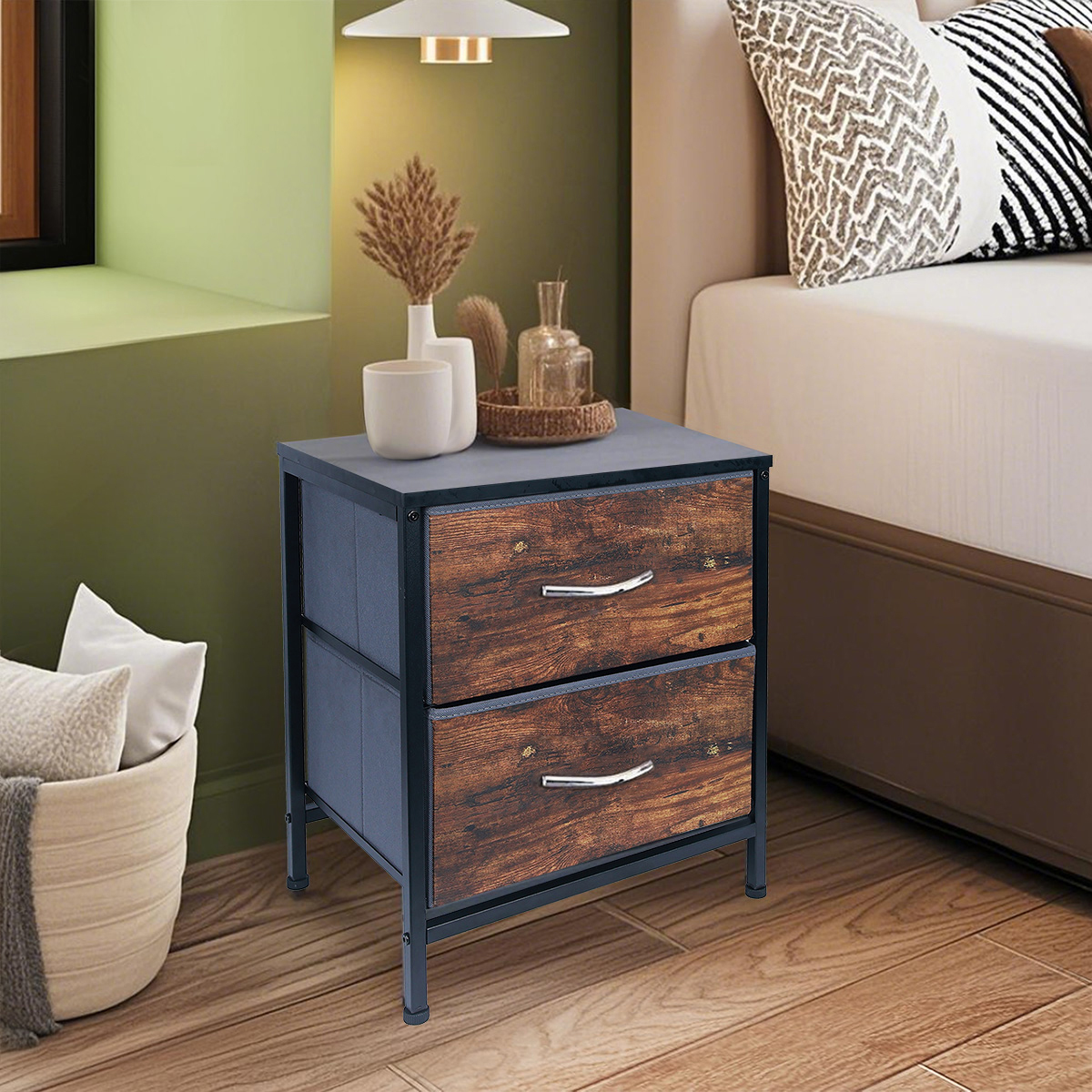 Exquisite Craftsmanship: Double-Layer Wooden Color Iron Tube Fabric Drawer Bedside Cabinet Redefines Bedroom Art