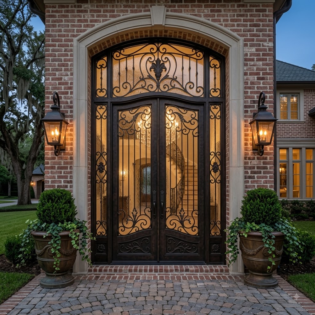 Double Wrought Iron Door Improves Grand Entryway Style