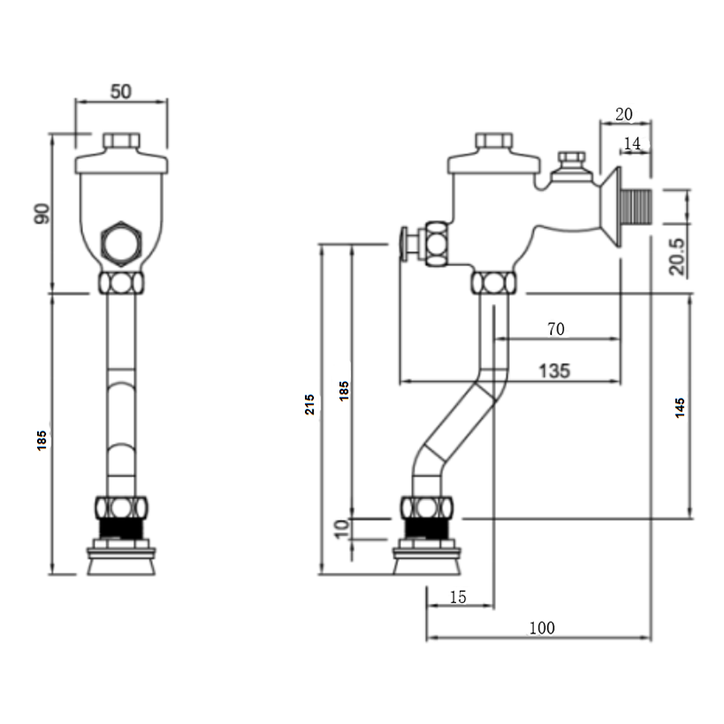 Brass Urinal Flush Valve With Push-Button