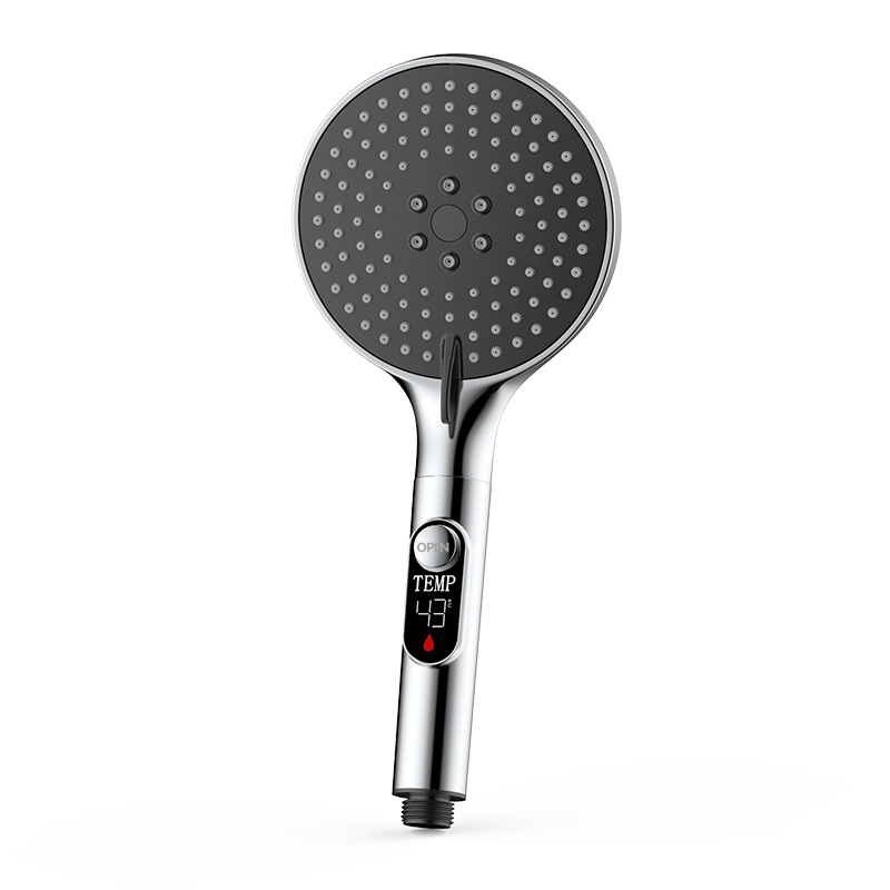 New model temperature display pressurized shower head universal for bathing with 3 adjustable water flow settings.