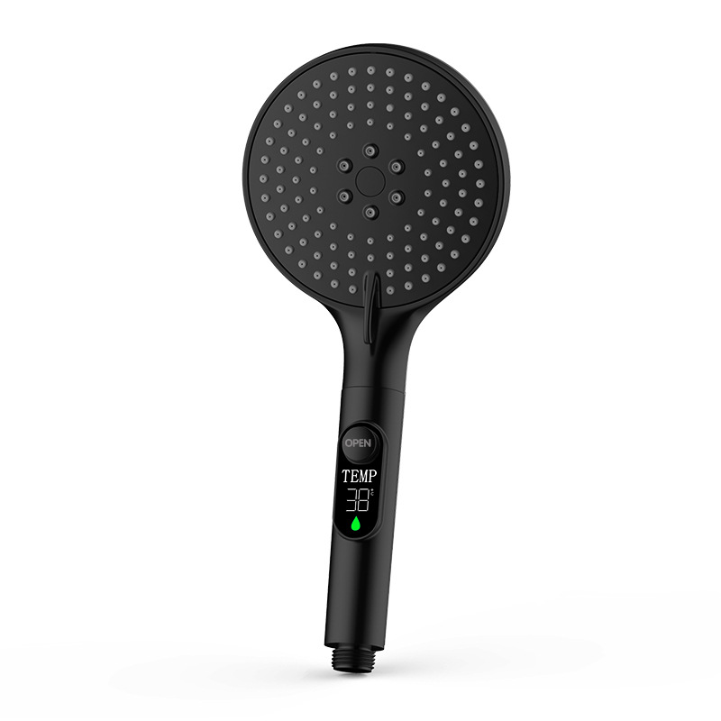 New model temperature display pressurized shower head universal for bathing with 3 adjustable water flow settings.