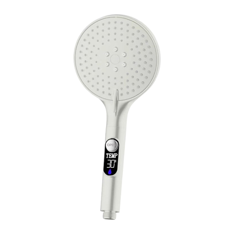 New model temperature display pressurized shower head universal for bathing with 3 adjustable water flow settings.