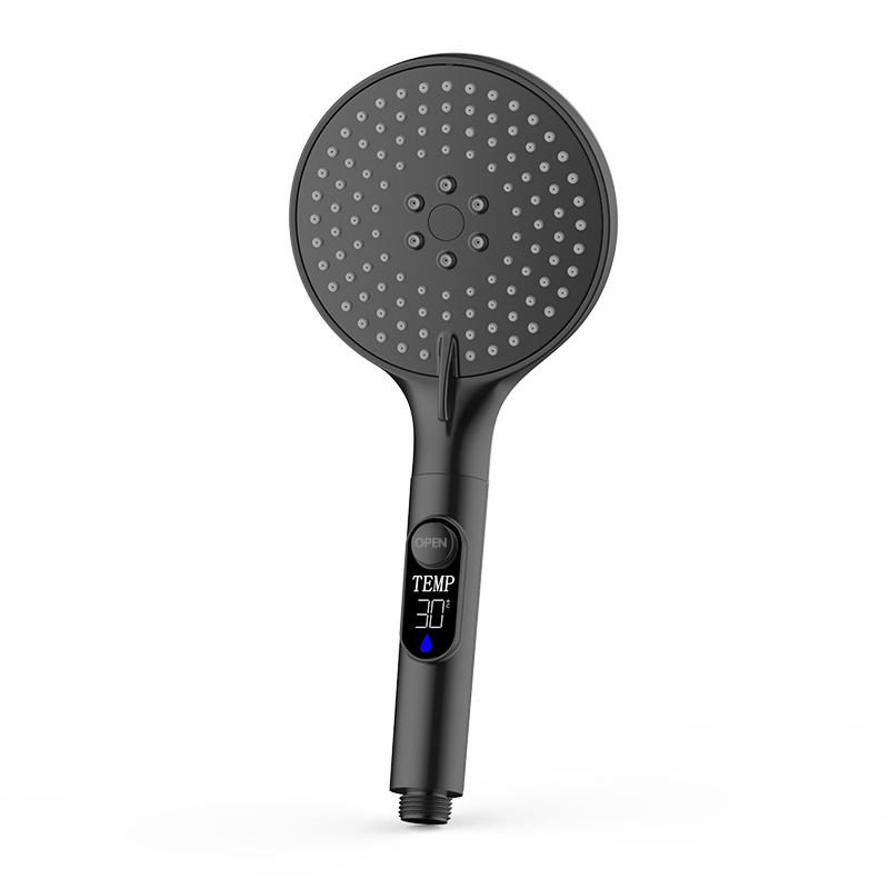 New model temperature display pressurized shower head universal for bathing with 3 adjustable water flow settings.