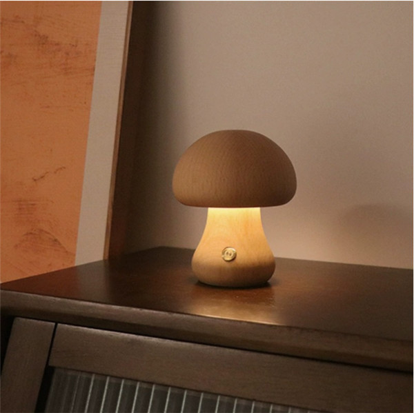 Lámpara de noche de madera con forma de hongo