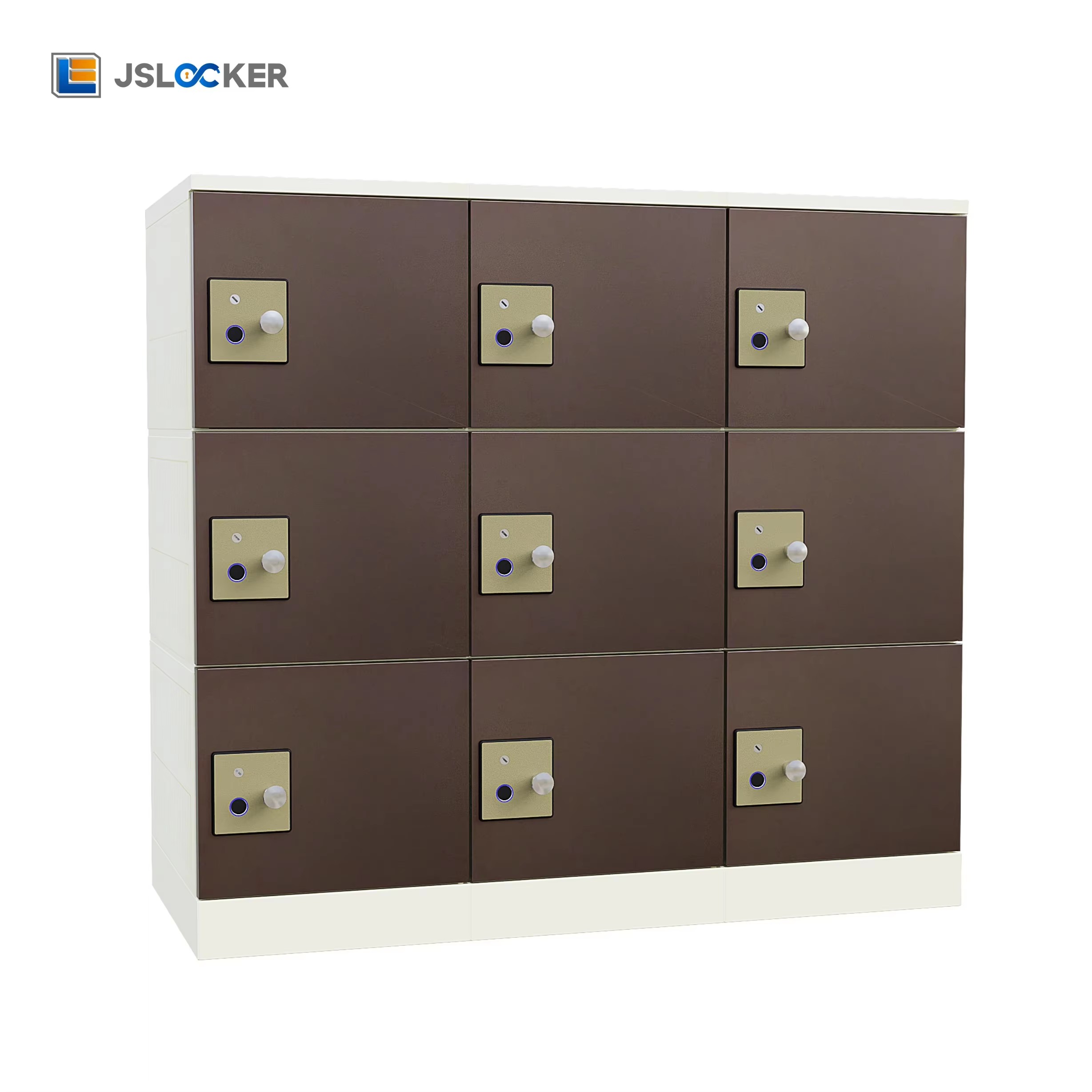 Taquillas JSLOCKER con panel metálico, ensambladas en fábrica, con armarios de plástico resistentes y cerradura de huella dactilar. Ideales para escuelas, bibliotecas y gimnasios.