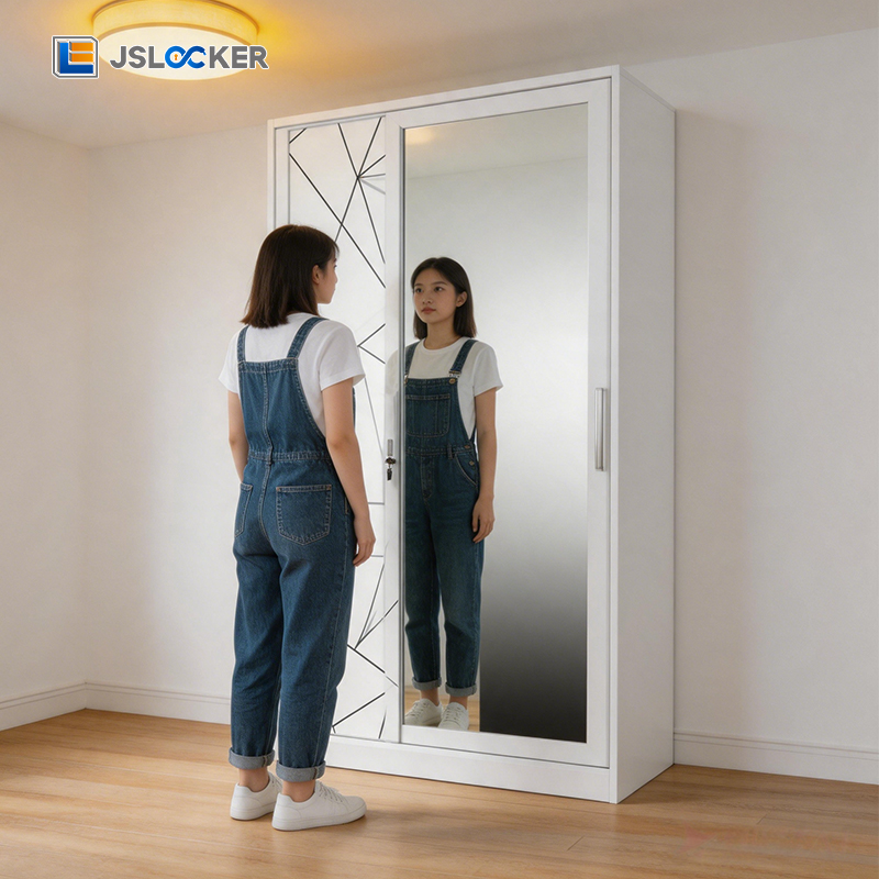 Armoire-penderie en acier à plusieurs portes JSLOCKER avec miroir et agencement de rangement intérieur
