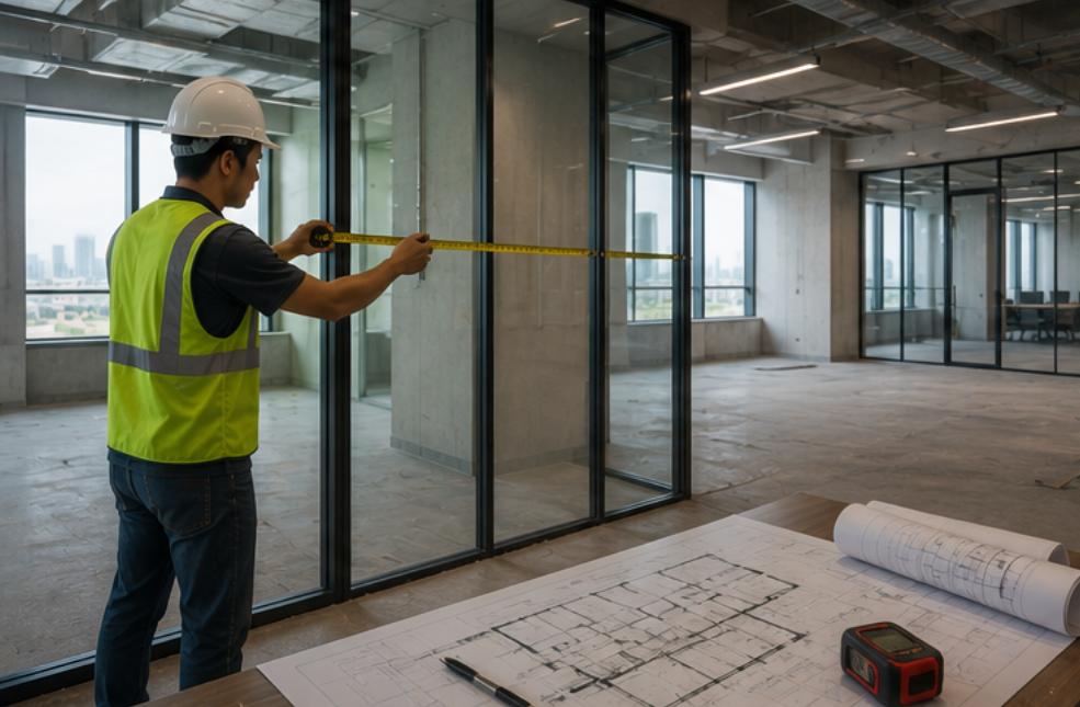 fire-rated glass office partition installation
