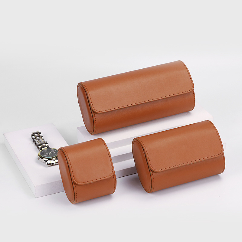 kotak jam tangan kulit pu bentuk tabung bulat dengan logo kustom