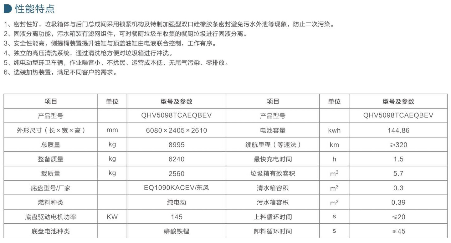 Function of pure electric kitchen waste truck