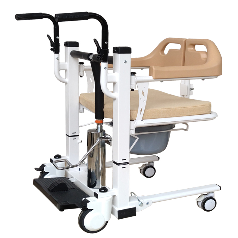 Hydraulic commode transfer chair disabled patient lifted from bed to chair