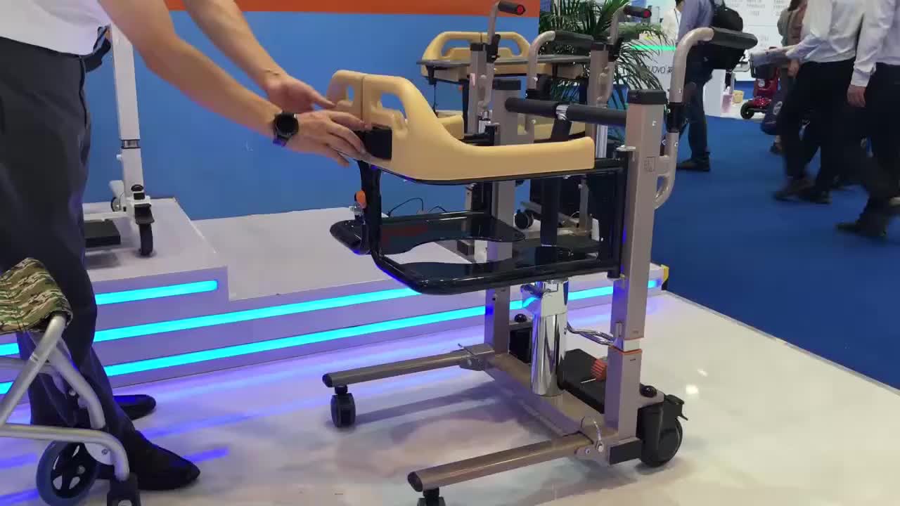Hydraulic commode transfer chair disabled patient lifted from bed to chair