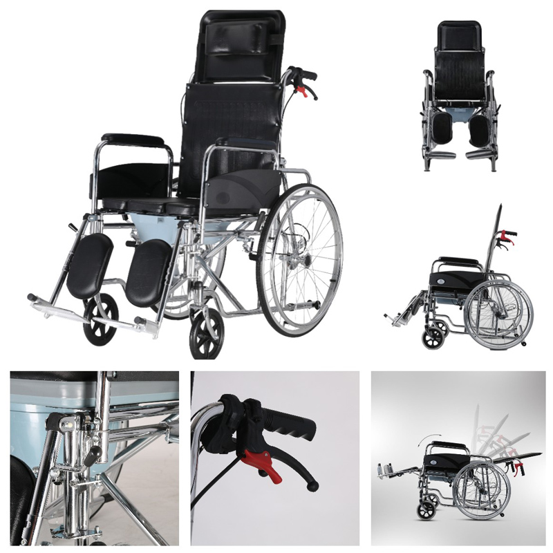 RECLINING HIGH BACK COMMODE WHEELCHAIR WITH DINING TABLE STEEL WHEELCHAIR