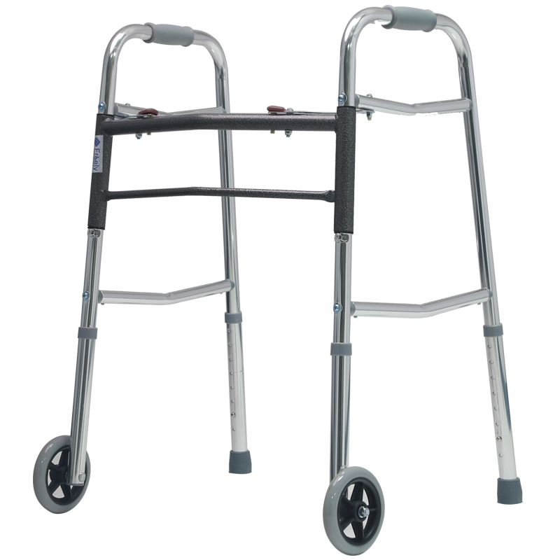 Aluminium Two-button Folding Height Adjustable Walker with 2 Wheels
