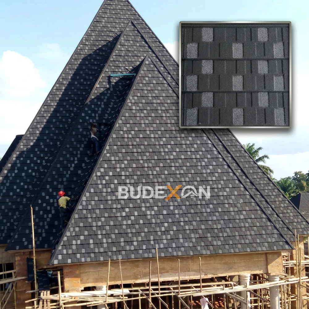 Telhas revestidas de pedra para telhados na arquitetura africana moderna na Nigéria. Chapas metálicas para telhados.