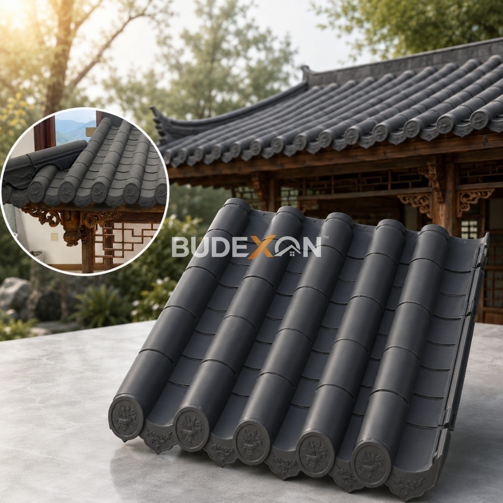 Tejas sintéticas chinas ligeras para villas y complejos turísticos.