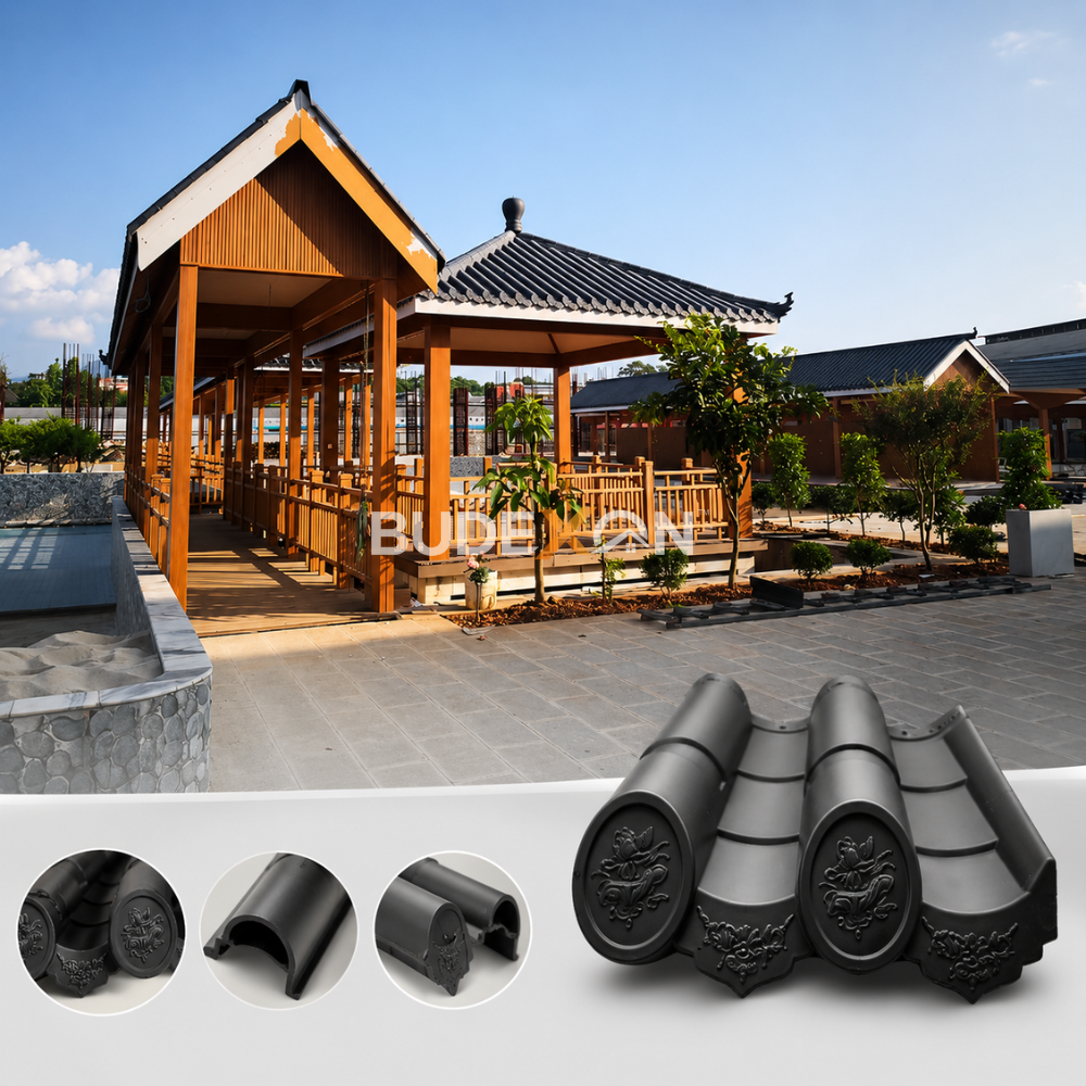 Sistema moderno de techado chino para casas con patio y templos.