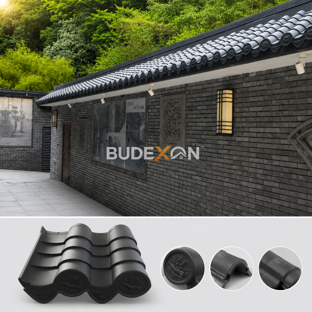 Sistema moderno de techado chino para casas con patio y templos.