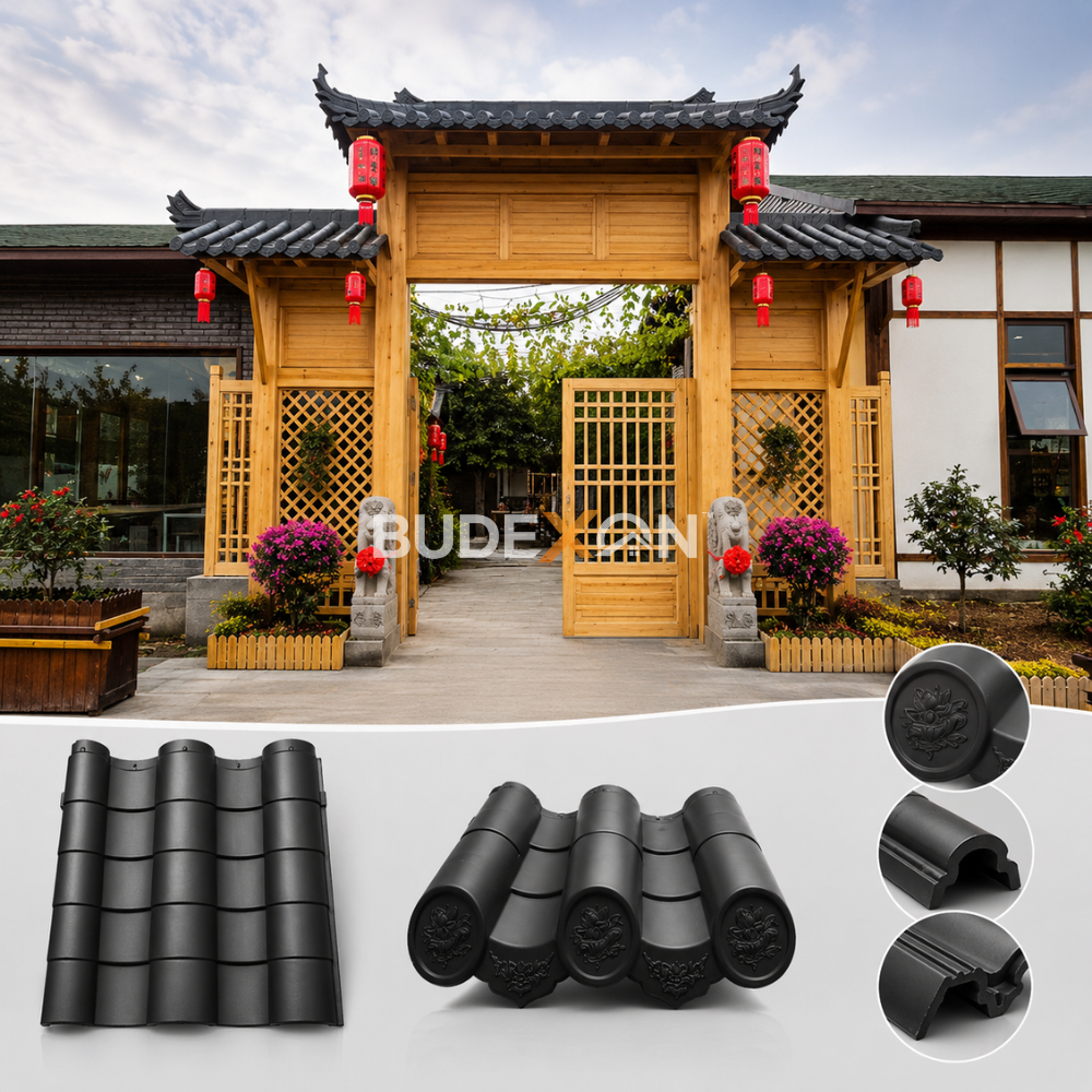 Sistema moderno de techado chino para casas con patio y templos.
