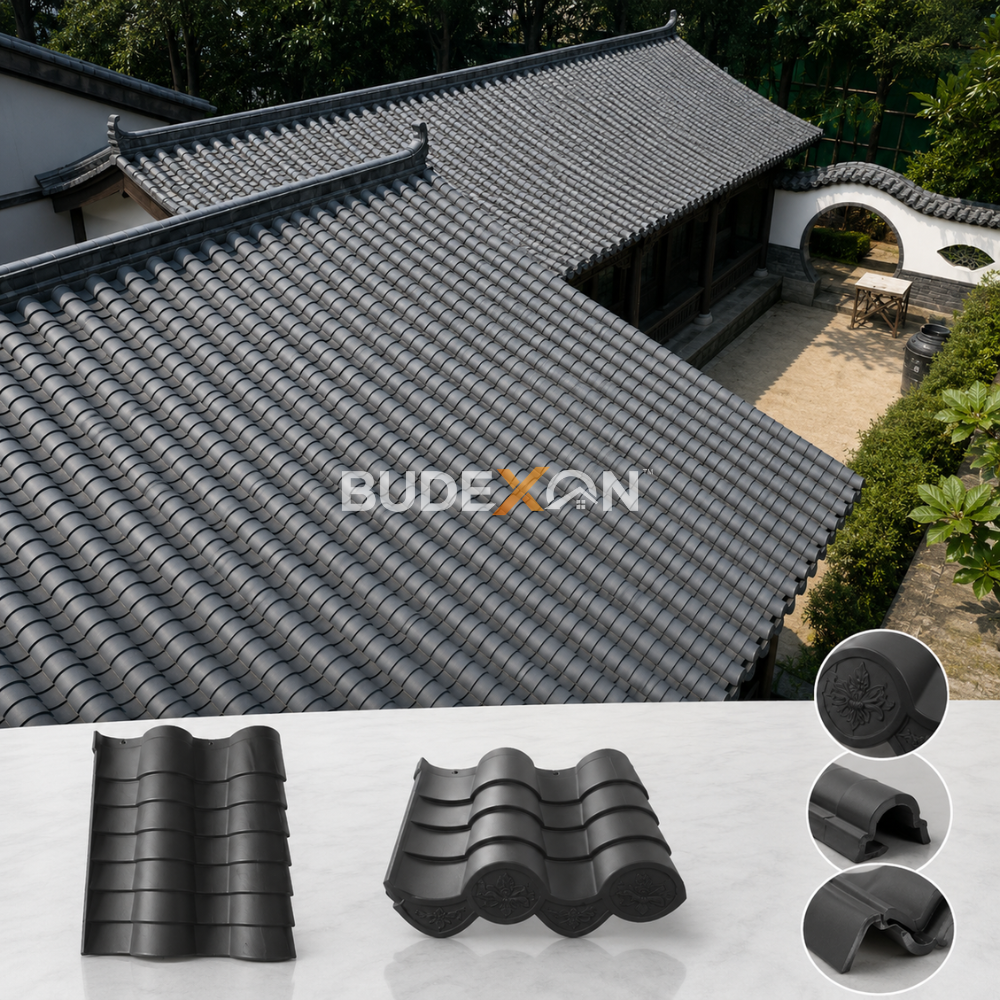 Sistema moderno de techado chino para casas con patio y templos.