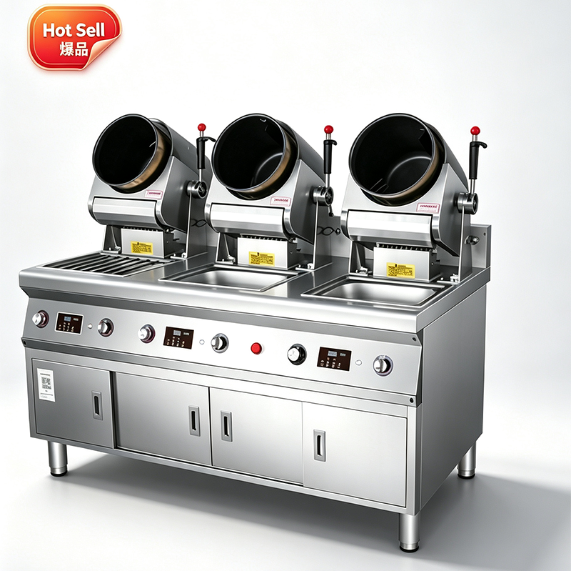 Máquina de cocción wok automática giratoria de acero inoxidable con 3 ollas para uso comercial