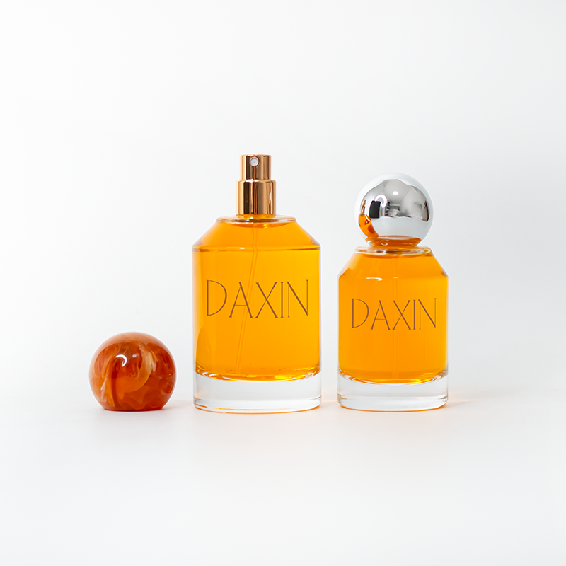 Thick Bottom Glass Clear Perfume Bottle with Spherical Cap Resin Lid and Black Paper Tube Box