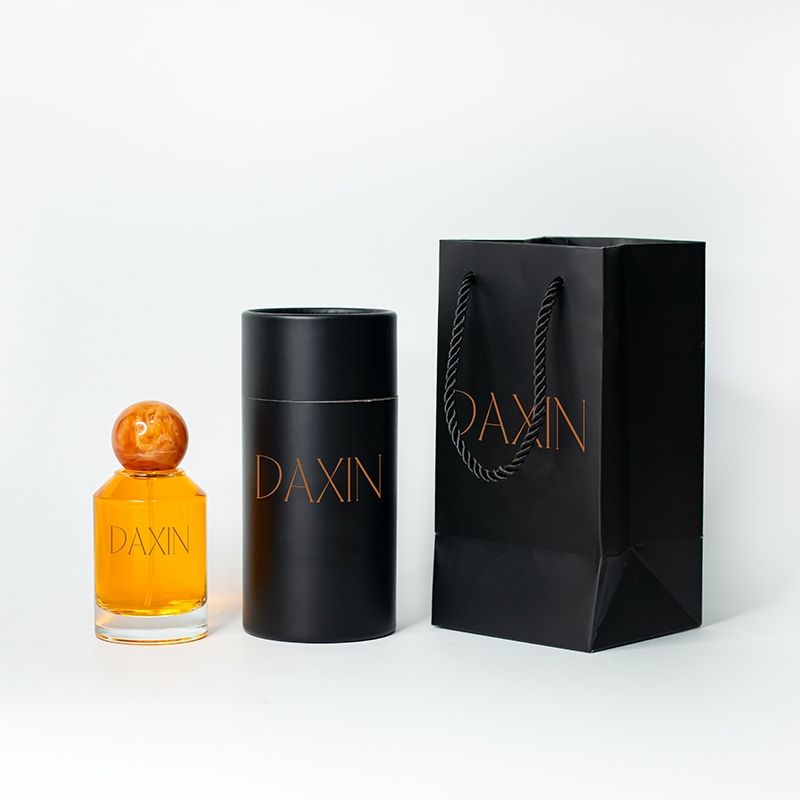 Thick Bottom Glass Clear Perfume Bottle with Spherical Cap Resin Lid and Black Paper Tube Box