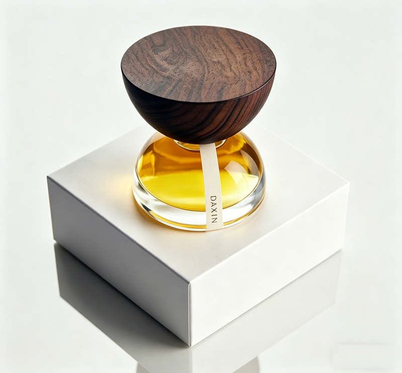 Luxury Empty Refillable Bottle Elegant 100ml Semi Oval Glass Perfume Bottle with Wooden Cap and Label Gift Box